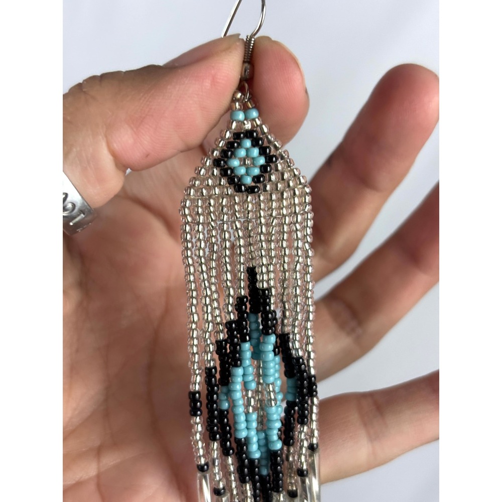 Vintage Beaded Fringe Statement Earrings Turquoise Black White Dangles Handmade - Picture 7 of 12